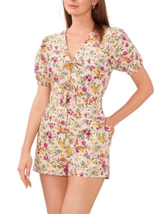 Chelsea & Violet Pants - Chelsea & Violet V-Neck Cream Floral Tie-Front Linen-Blend Lined Romper Size XL